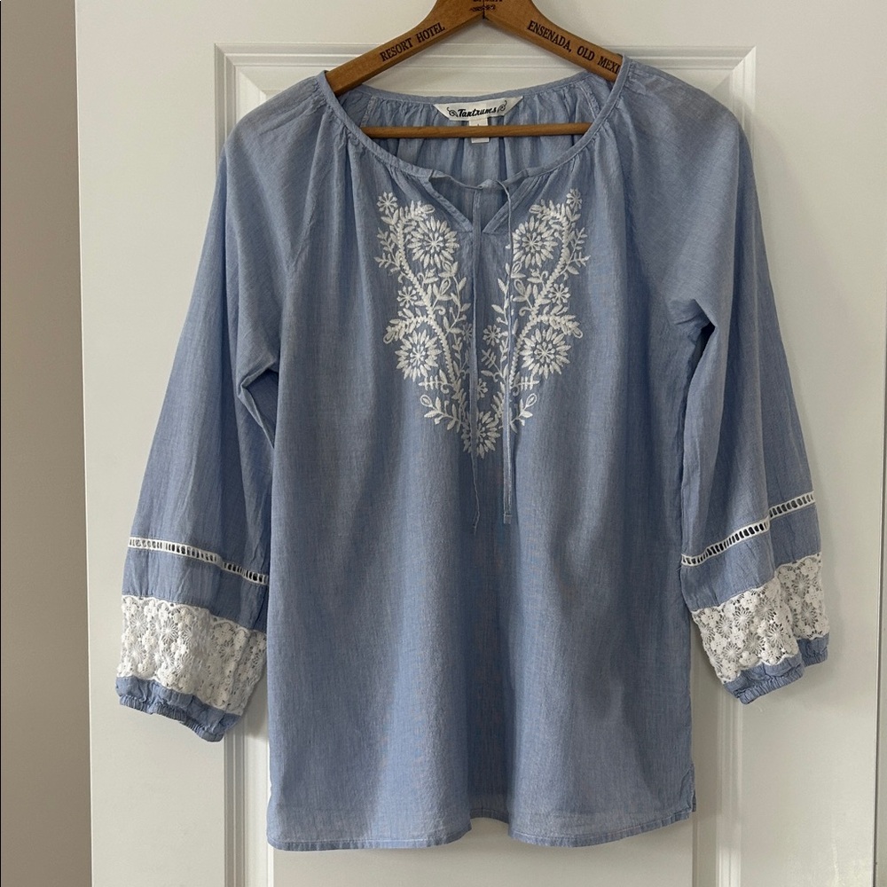 Tantrums Peasant Blouse w Ladder Lace & Crochet Details Sz L w MEASUREMENTS